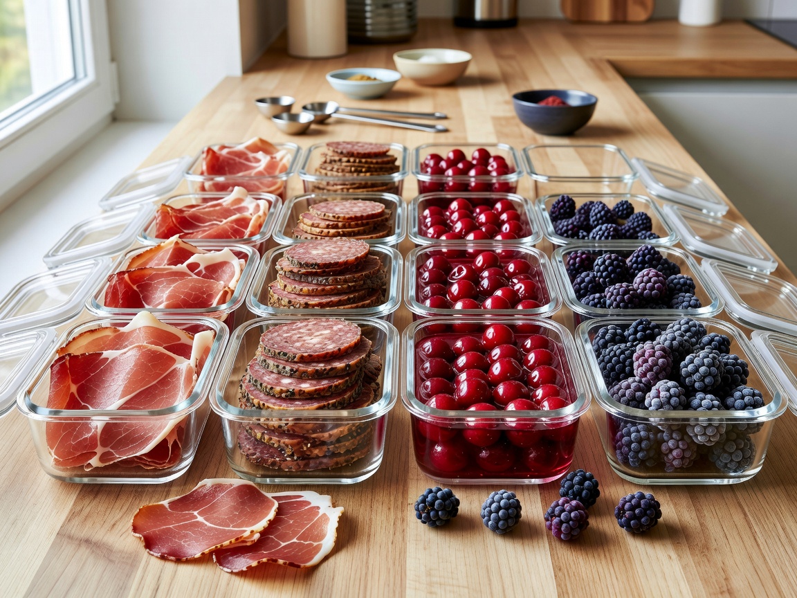 Advance prep food organization with sliced cured meats and preserved berries