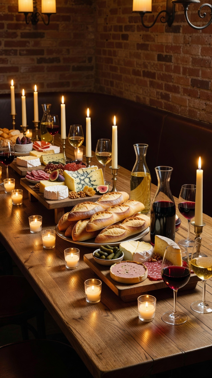 Beautifully styled French bistro buffet with candles, wine, and artisan food