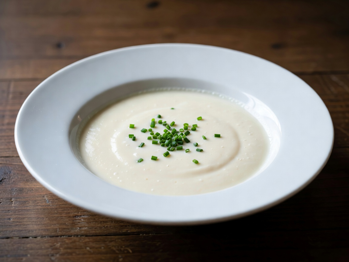 Chilled French vichyssoise soup in a white bowl garnish with chives