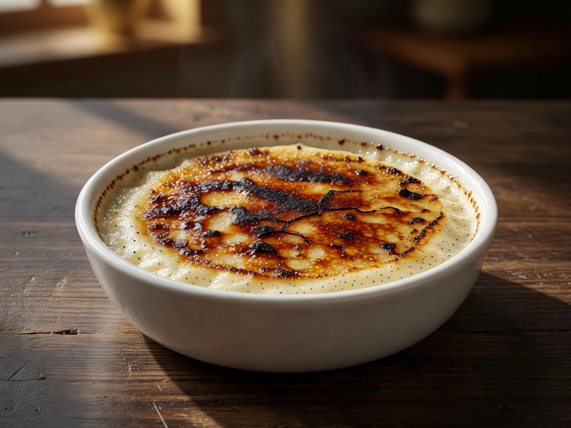 Classic vanilla bean crème brûlée with torched sugar layer