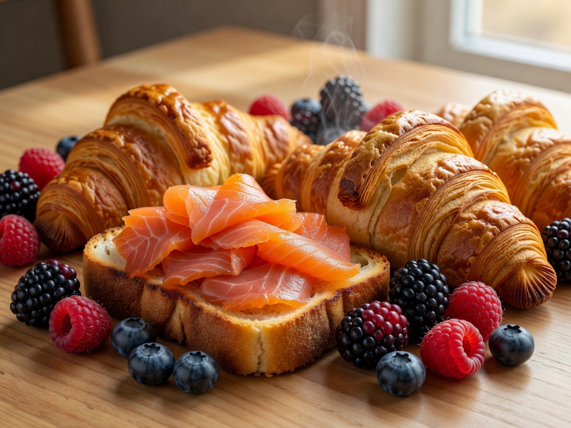 Fresh smoked salmon brioche, buttery croissants, and berries spread on a brunch table