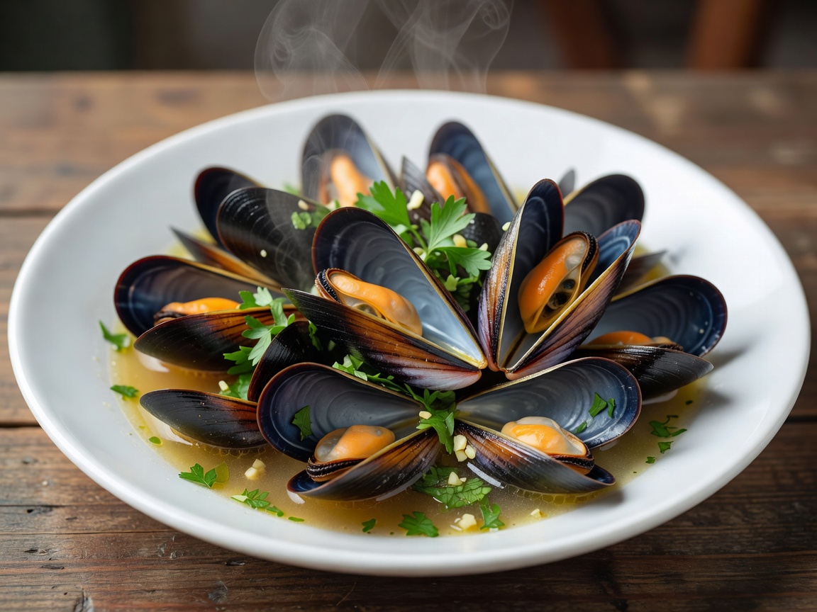 Fresh steamed mussels in white wine and garlic broth