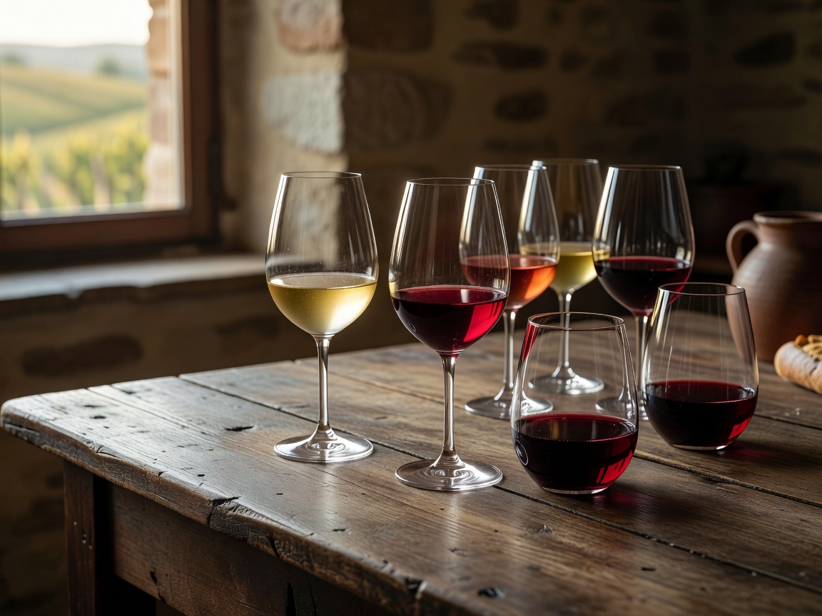 Glasses of natural and biodynamic French wine on a rustic table