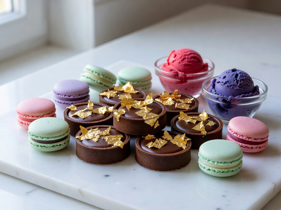 Gold leaf decorated chocolate tartlets, pastel macarons, and berry gelatos