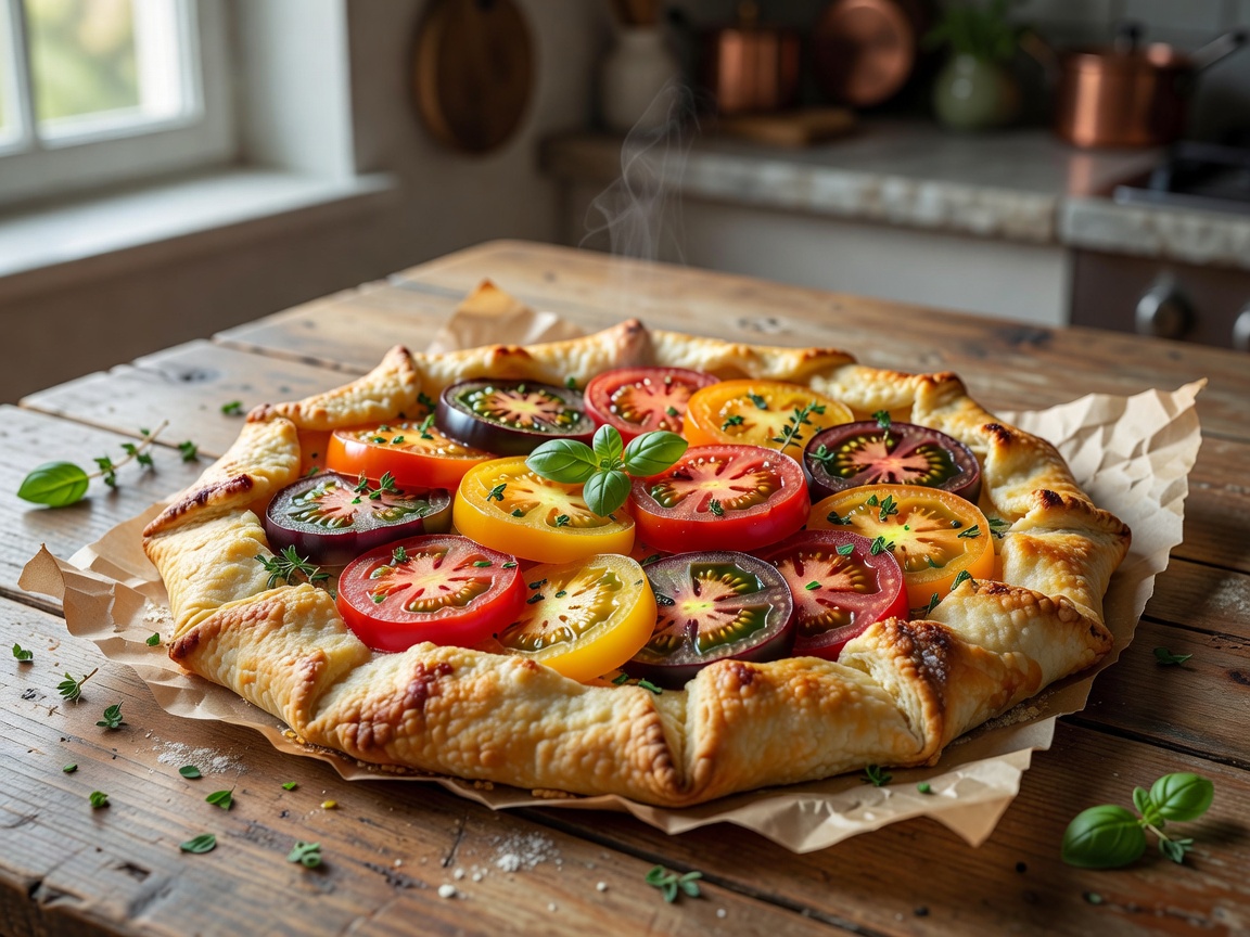 Heirloom tomato galette with flaky pastry crust and herbs