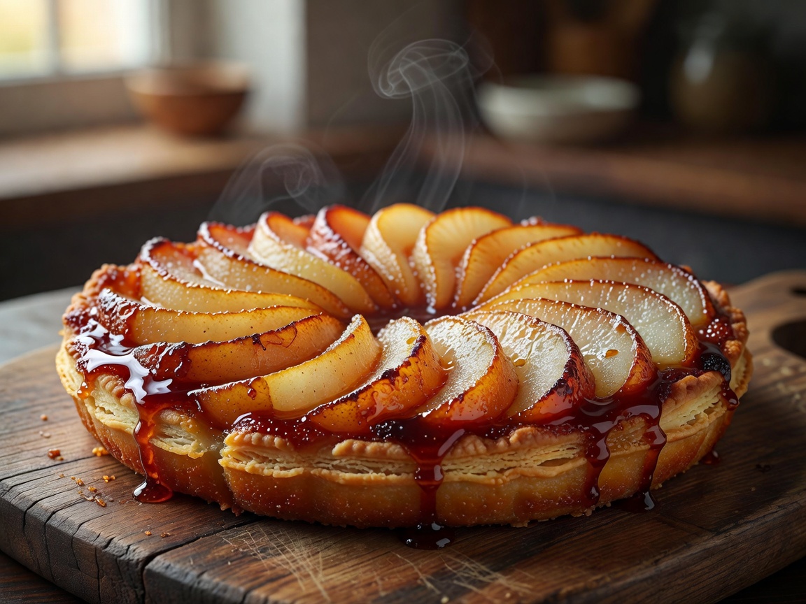 Inverted pear tarte tatin with golden caramel glaze