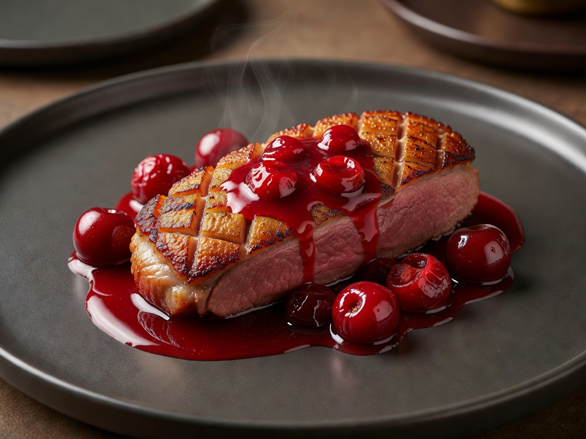 Pan-seared duck breast with rich red cherry reduction sauce