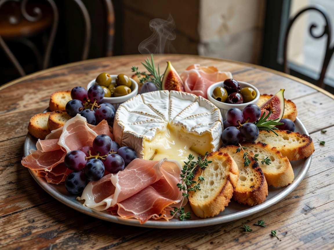 Parisian grazing platter with baked camembert, prosciutto, grapes, and crostini
