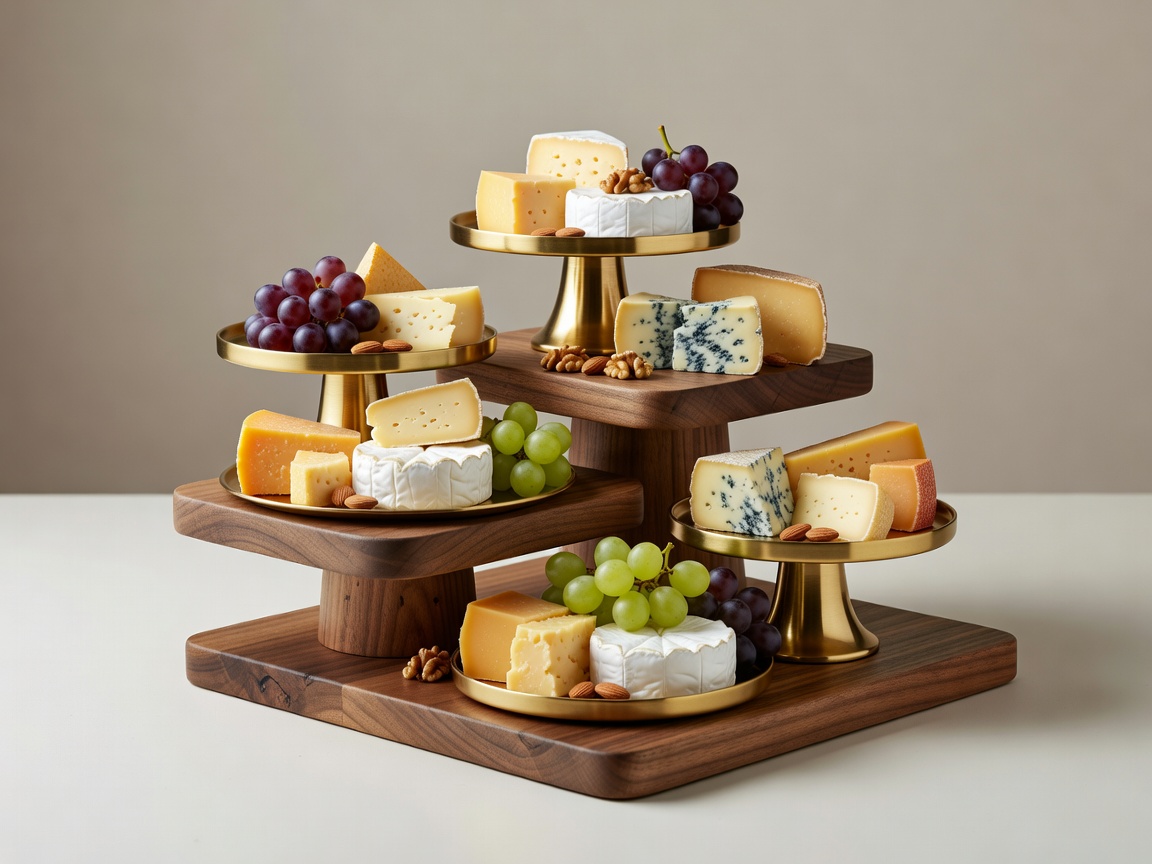 Platter elevation design showing stacked wooden risers and gold cake stands with cheese