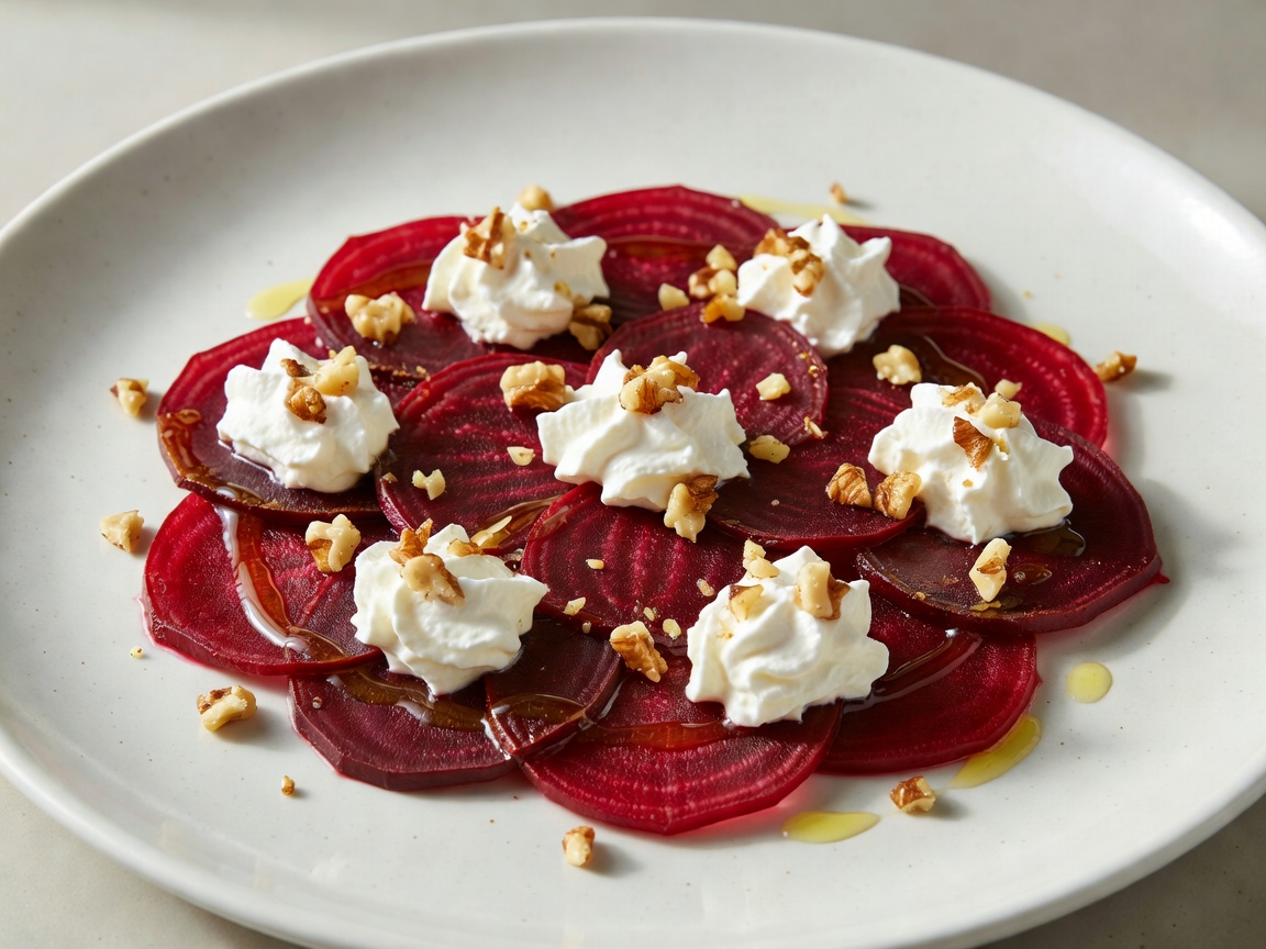 Roasted beet carpaccio with whipped goat cheese and walnuts