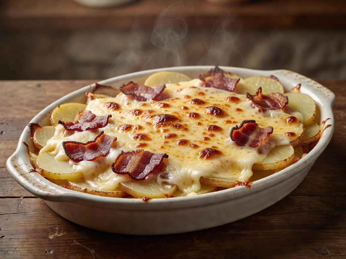 Warm cheesy Gruyere tartiflette with bacon and sliced potatoes